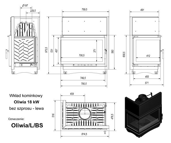 Каминная топка Kratki Oliwia/L/BS , Г-образное стекло